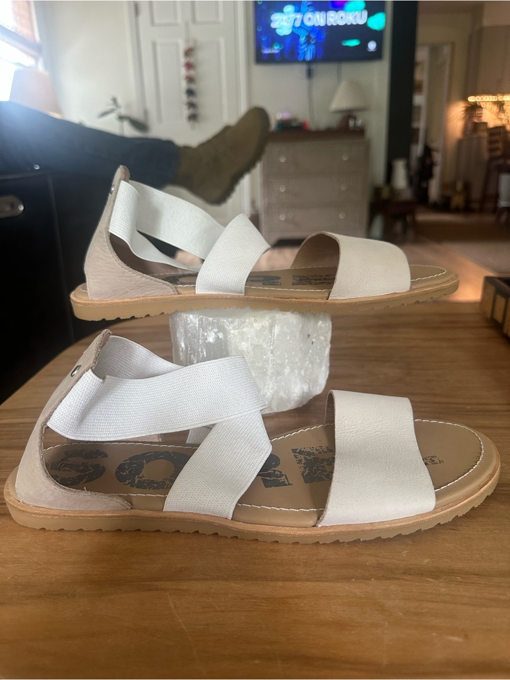 Sorel Women's leather white tan Elastic-Strap Sandals. Size 10.  New, never worn